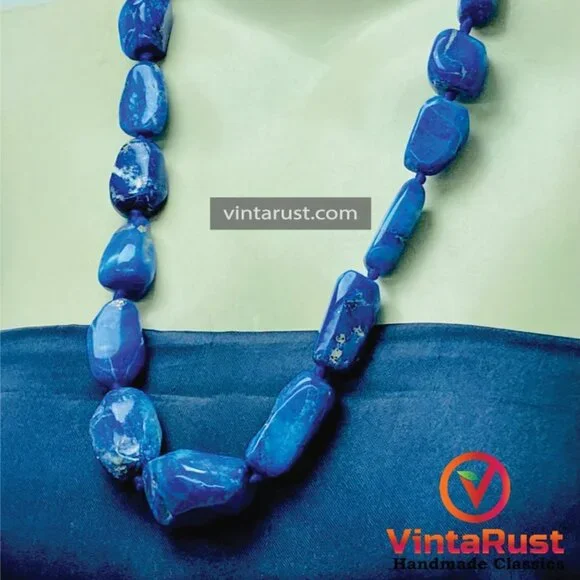 Handmade Lapis Lazuli Gemstone Necklace, Vintage Beaded Stone Necklace, - Picture 4 of 10